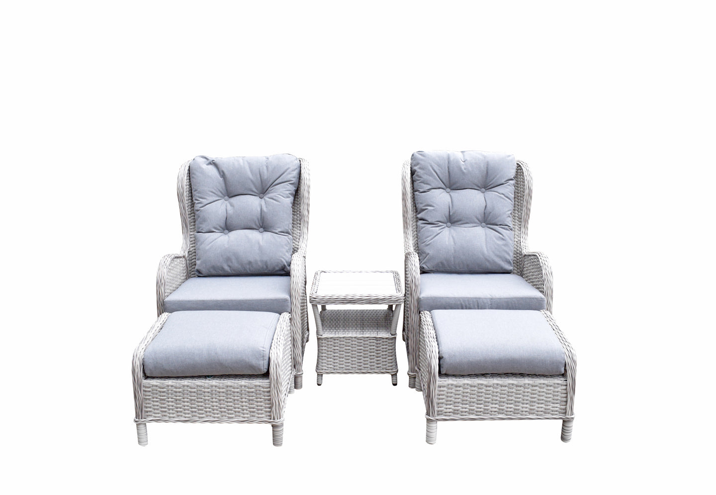 Signature Weave - Outdoor Furniture - Meghan - Five Piece Reclining Lounge Set In Fine Cream Grey Wicker With Pale Grey Cushions